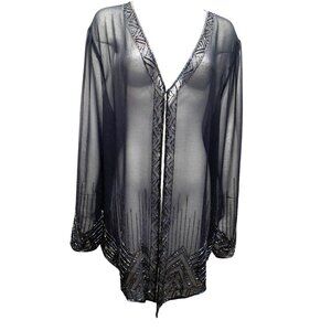 Vintage J Laxmi NY Size 2X Beaded Sheer Evening Cocktail Jacket Dark Blue